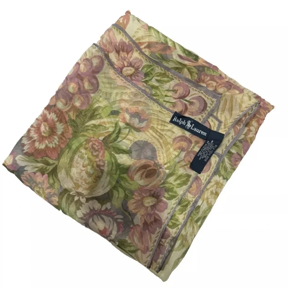 NWOT Ralph Lauren Floral Garden 100% Silk Green Pink‎ VINTAGE 90s 35” A8